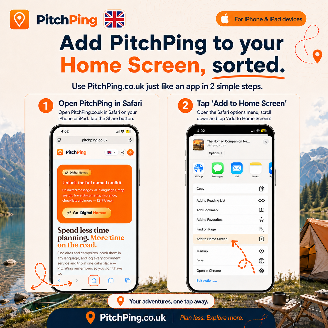 Two-step guide showing how to install PitchPing on iPhone or iPad from Safari