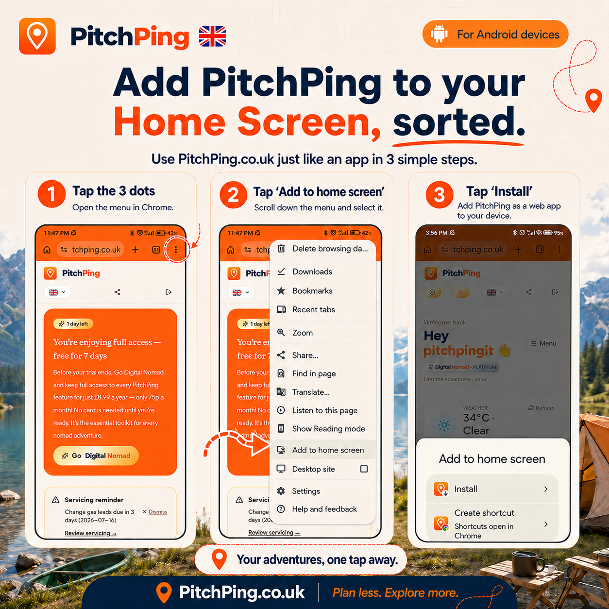 Three-step guide showing how to install PitchPing on Android from Chrome